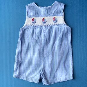 Petit Ami Blue Checkered Smocked Sailboat Romper size 6 mos